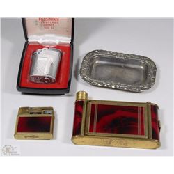 BOX OF ESTATE  VINTAGE LIGHTERS AND MINI TRAY