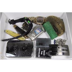 BOX W/BELT BUCKLES, ZIPPO LIGHTERS,