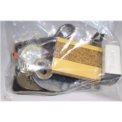 LOT OF MISC. BUCKLES, KNIVES, BOTTLE OPENERS, ETC