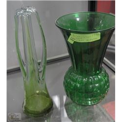 GREEN GLASS VASE WITH ART GLASS ORNAMENT