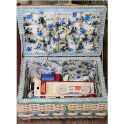 WICKER SEWING BOX WITH CONTENTS