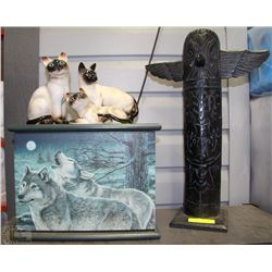 WOOD STORAGE BOX WITH CAT ORNAMENTS AND WOOD