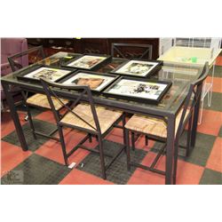 GLASS TOP PATIO TABLE WITH 4 METAL+RATTAN CHAIRS