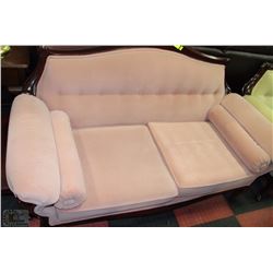 MAHOGANY TRIM PINK FABRIC LOVE SEAT
