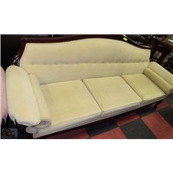 MAHOGANY TRIM CREAM COLOURED FABRIC COUCH