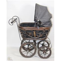 WOOD DOLL CARRIAGE ON WHEELS