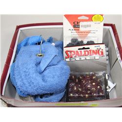 BOX OF ASSORTED GOLF SUPPLIES AND TOWEL