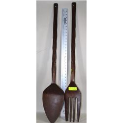 WOOD CARVED LARGE SPOON AND FORK WALL HANGINGS