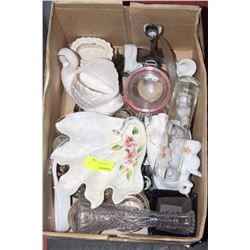 ESTATE BOX OF SHOT GLASSES, ORNAMENTS ETC