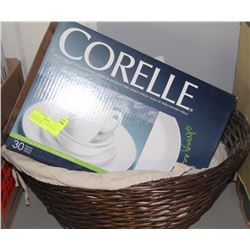 WICKER BASKET OF CORELLE  DISHWARE &