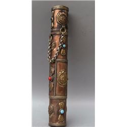 Antique Tibet Buddh Royal Message Tube with Jade & Gems
