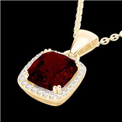 Genuine 3.0 CTW Garnet & Micro Pave Diamond Pave Halo Solitaire Necklace 18K Gold - 22825-REF#42K2T