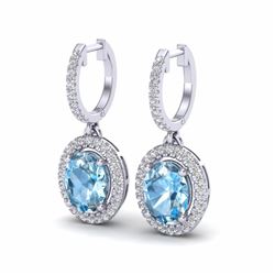 Natural 4.25 CTW Sky Blue Topaz & Micro Pave Diamond Earrings Solitaire Halo 18K Gold - 20316-REF#80