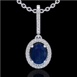 Genuine 2.0 CTW Sapphire & Micro Pave Diamond Necklace Solitaire Halo 18K Gold - 20669-REF#47Z5Y
