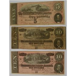 3 CONFEDERATE NOTES: 1864 $5.00, 2- 1864 $10.00