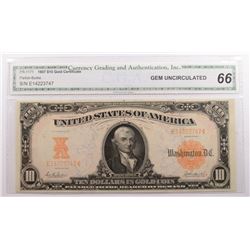 1907 $10.00 GOLD CERTIFICATE, FR-1171 CGA GRADED GEM UNCIRCULATED SUPERB