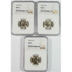 1943-S & ( 2 ) 1944-D JEFFERSON NICKELS, NGC MS-65