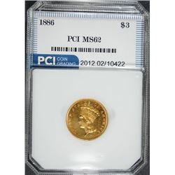 1886 $3.00  GOLD, PCI CHOICE BU KEY DATE! LOW MINTAGE OF ONLY 1000!  RARE!!