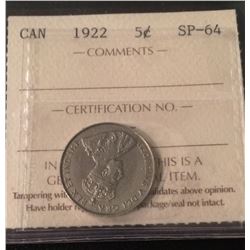 1922 Canada 5 Cent Far Rim ICCS Certifed SP-64