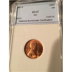 1951-S Lincoln Cent NNC MS67 Red