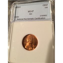 1939-D Lincoln Cent NNC MS67 Red