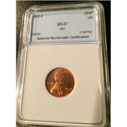 1952-S Lincoln Cent NNC MS67 Red