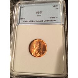 1947 Lincoln Cent NNC MS67 Red