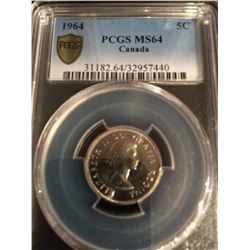 1964 Canada 5 Cent PCGS MS64