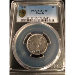 1954 Canada 5 Cent PCGS AU55