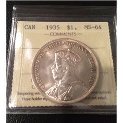 1935 Canada Dollar ICCS MS-64 (Lightly Toned)