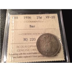 1936 Canada 25 Cents *BAR* ICCS VF20