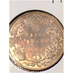1920 Canada 25 Cent (VF-EF) Nice Golden Patina!