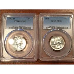 (2) US 25Cent PCGS 1963-D MS63, 1964 MS64