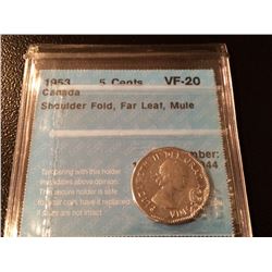 1953 Canada 5 Cent SF, Far Leaf Mule - CCCS VF20