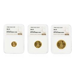 1986 $5/$10/$25 American Gold Eagle Coin Set NGC Graded MS69