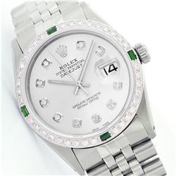 Mens Rolex Stainless Steel Diamond and Emerald Datejust Wristwatch