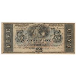 1800s $5 The Citizens Bank of Louisiana Obsolete Bank Note