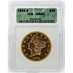 1904-S $20 Liberty Head Double Eagle Gold Coin ICG MS61