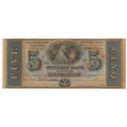 1800s $5 The Citizens Bank of Louisiana Obsolete Bank Note