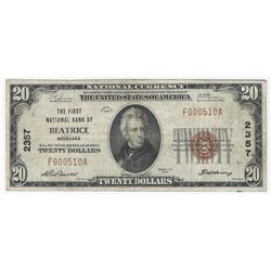 1929 $20 National Currency First National Bank of Beatrice Nebraska Note