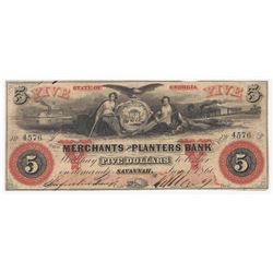 1860 $5 The Merchants & Planters Bank Obsolete Bank Note