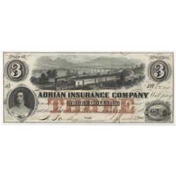 1800s $3 The Adrian Insurance Company Obsolete Bank Note