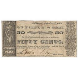 1862 Fifty Cents State of Virginia, City of Richmond Obsolete Note