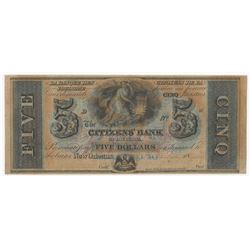 1800s $5 The Citizens Bank of Louisiana Obsolete Bank Note
