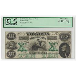 1862 $10 Virginia Treasury Note PCGS Choice New 63 PPQ
