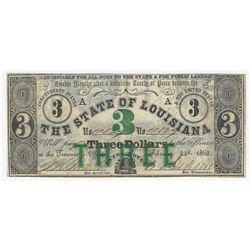 1862 $3 The State of Louisiana Obsolete Bank Note