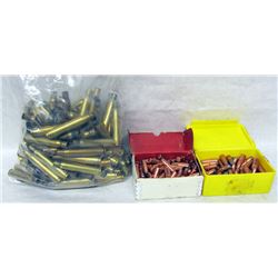 BOX LOT RIFLE BRASS AND 30 CAL BULLETS