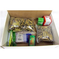 BOX LOT RIFLE BRASS AND 22 CAL BULLETS