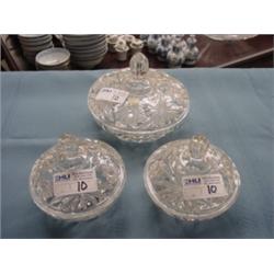 3 PC PRESSED GLASS COVERED CANDY DISHES - MATCHING