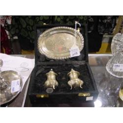 INTL HM SILVER PLATE SALT/PEPPER SET IN ORIG BLK WALNUT COV. BOX